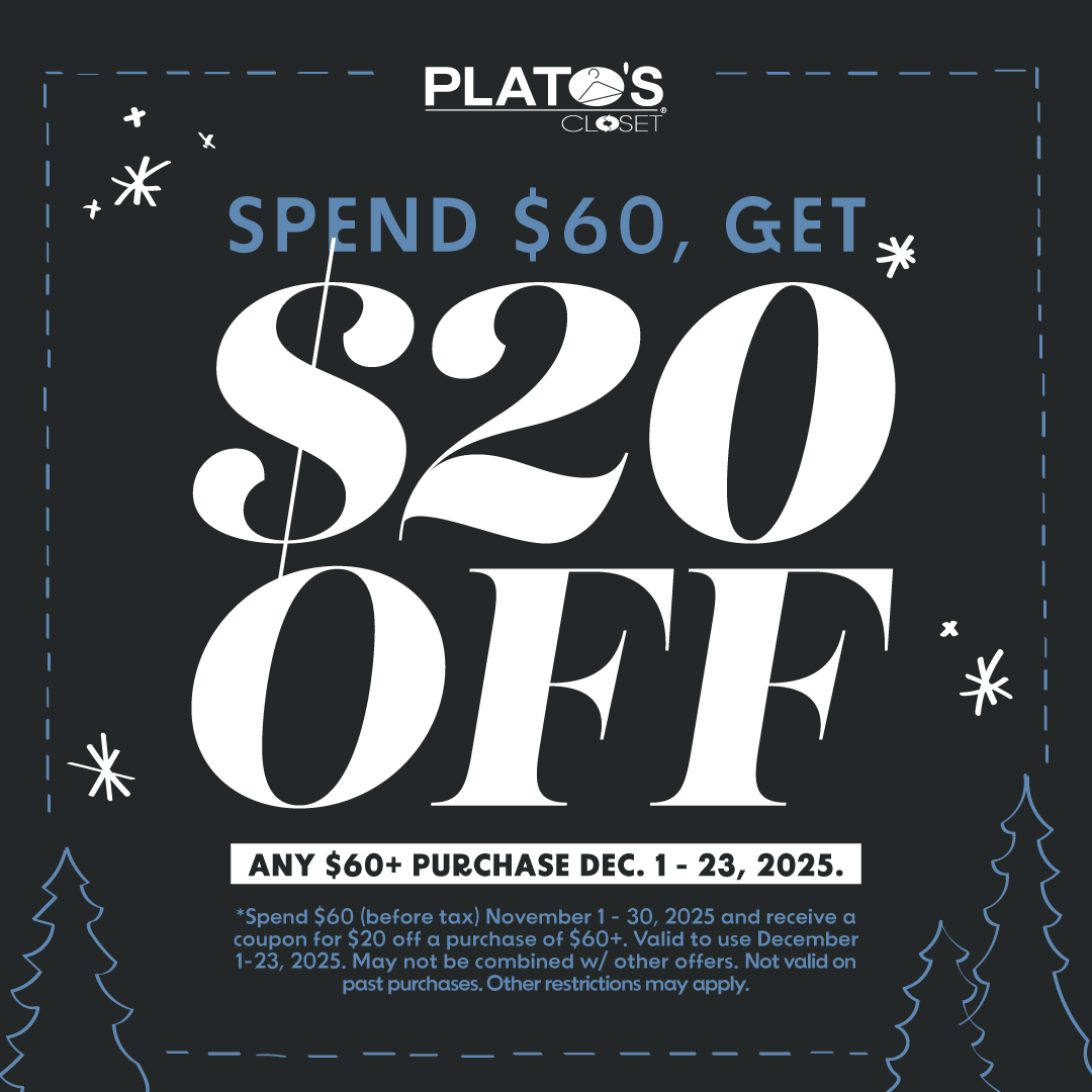 Black background with blue outline of everygreen trees and bold white font spend 60 in November and get 20 off in December